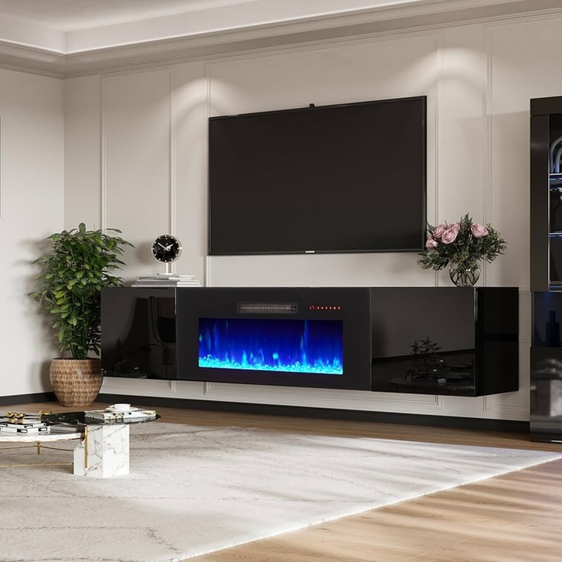 Floating TV Stand with Mirrored Finish and Blue LED Fireplace