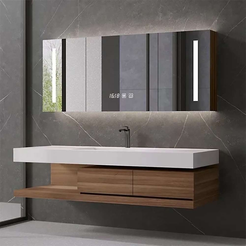 Floating Vanity Wood Toned LED Smart Mirror Digital Clock Interface