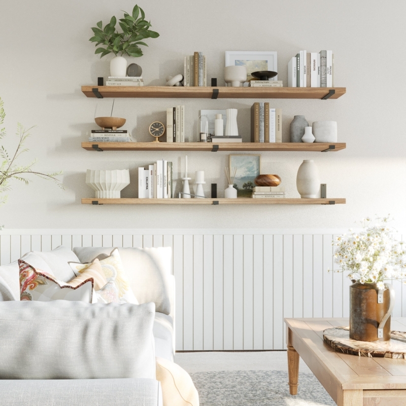 Floating Wall Shelf Triple Tier 72 Inch Long Black Metal Brackets