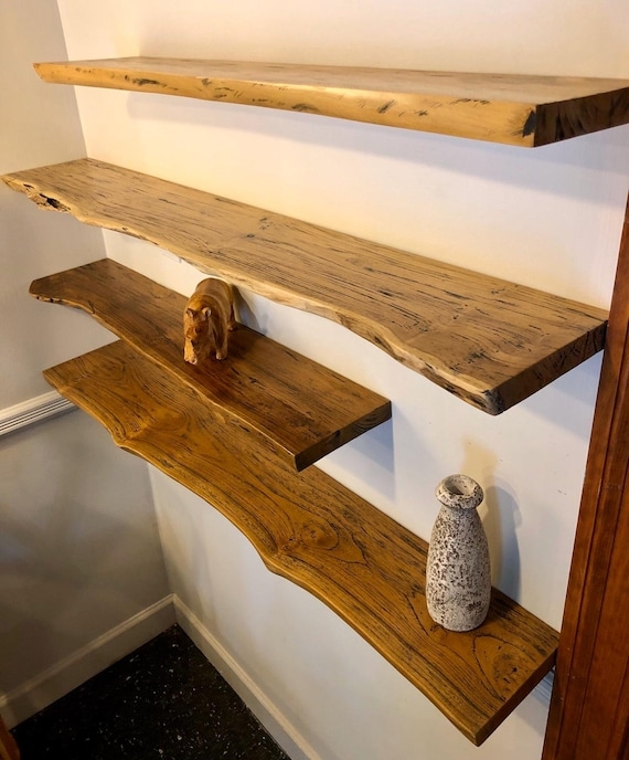 Floating Wall Shelves Live Edge Teak Wood Staggered Layout