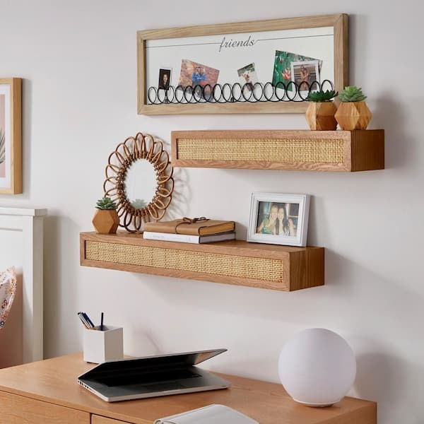 Floating Wall Shelves Set of Two Rattan Caning Detail Boho Style