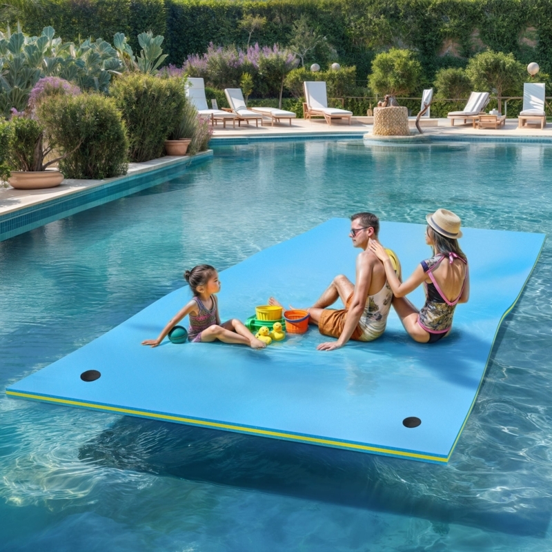 Floating Water Pad, Family Sized Island, Blue and Yellow Sandwich Foam