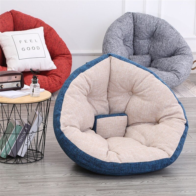 Floor Chair Navy Blue And Tan Woven Fabric Tufted Folding Seat