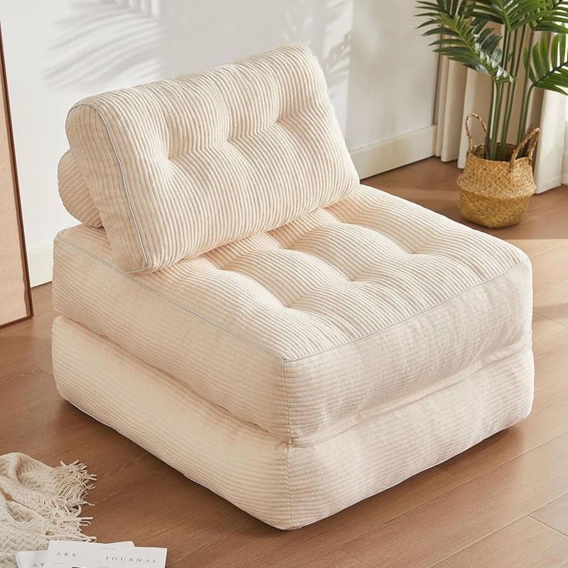 Floor Couch Warm Beige Corduroy Ribbed Texture Folding Design