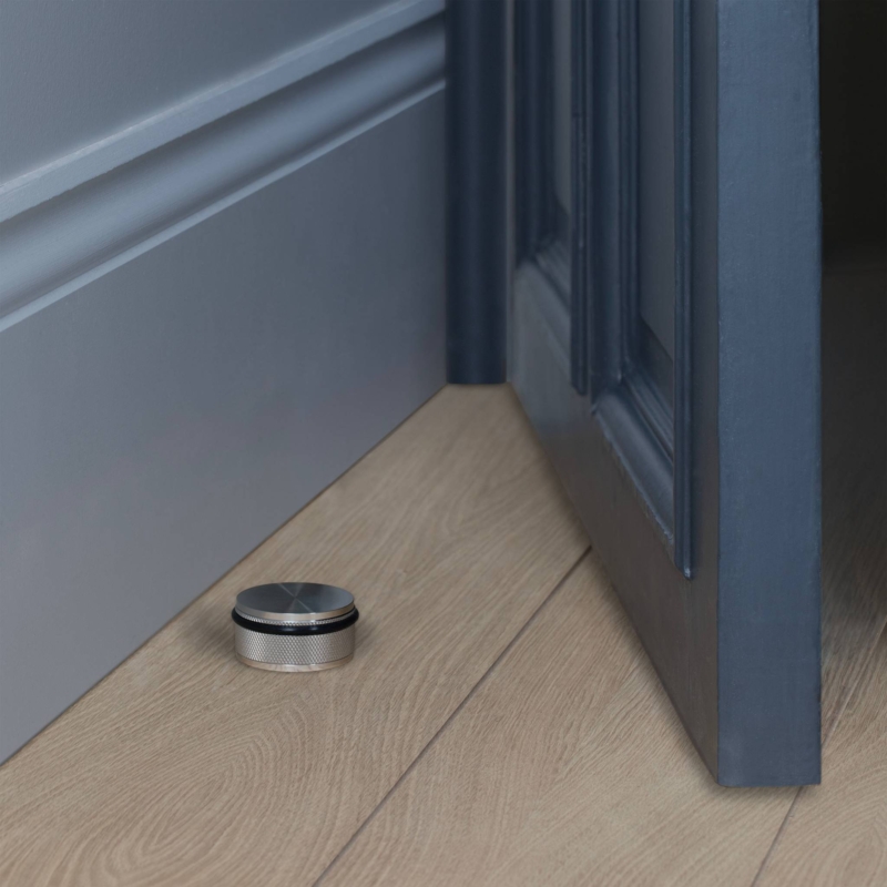 Floor Door Stop Diamond Knurled Edge Silver Finish Black Ring