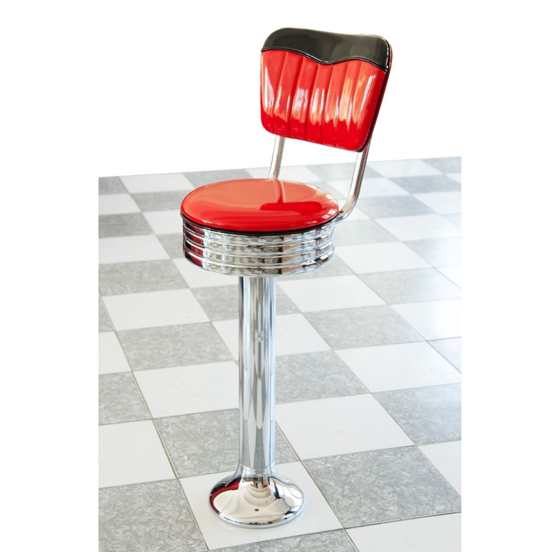 Floor Fastened Bar Stool Ribbed Backrest Retro Vinyl Apron