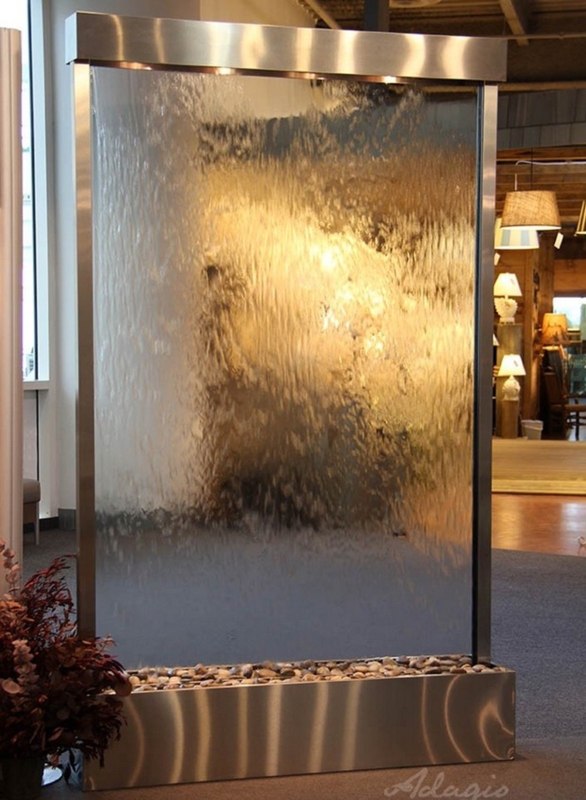 Floor Fountain with Clear Glass Panel, River Stones, and Downlighting