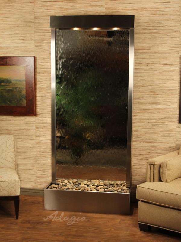Floor Fountain with River Rock Bed and Brushed Metal Frame