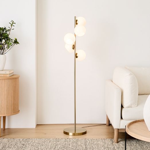 Floor Lamp Antique Brass with Five Staggered Milk Glass Globes