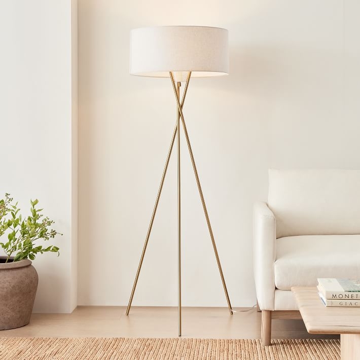 Floor Lamp Brushed Brass Crossed Tripod Base Large Drum