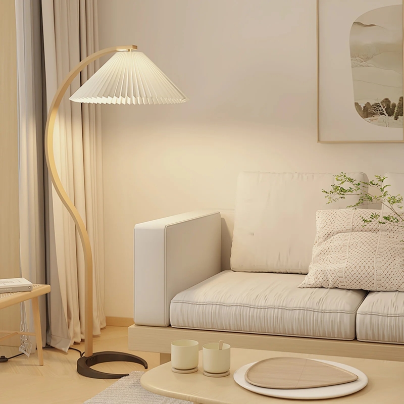 Floor Lamp Curved Wood Stem Pleated Shade Crescent Base Japandi