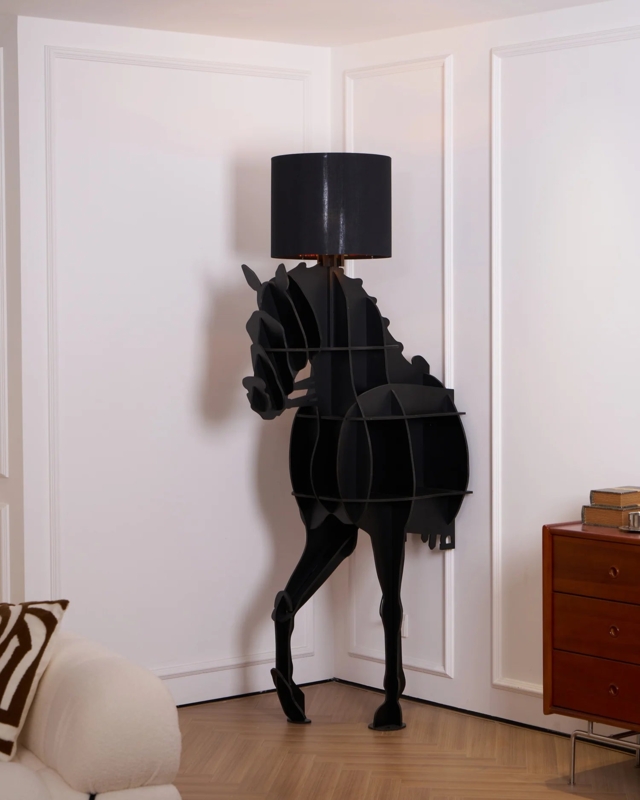 Floor Lamp Design: Interlocking Panels, Matte Black Horse Silhouette