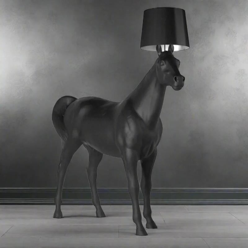 Floor Lamp Featuring Life Sized Matte Black Horse Sculpture, Silver Lining