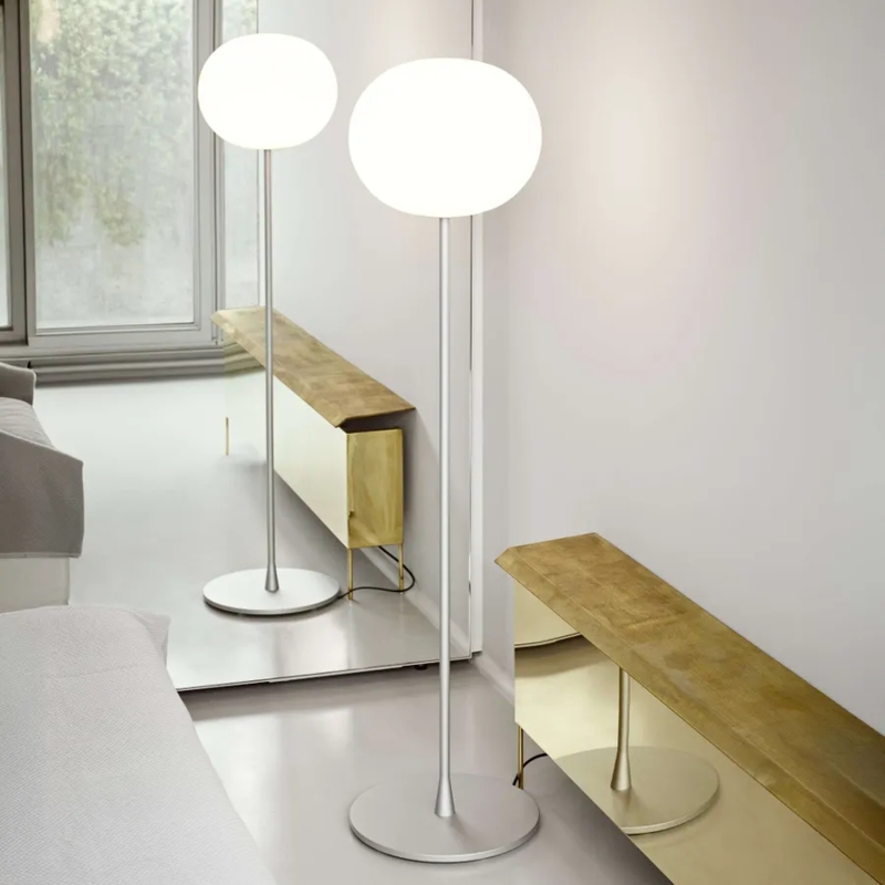 Floor Lamp Flattened Opal Glass Diffuser on Matte Silver Tapered Stem
