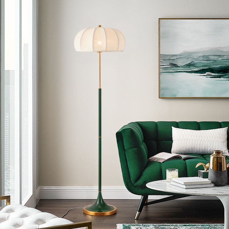 Floor Lamp Forest Green Pleated Mushroom Shade Gold Accents