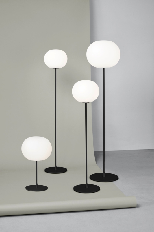 Floor Lamp Minimalist Matte Black Stem with Flattened Opal Sphere