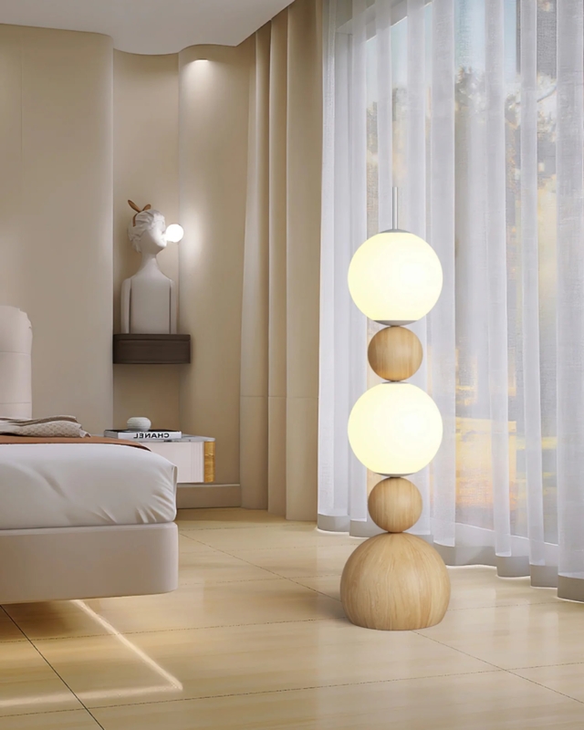Floor Lamp Organic Modern Wood Toned Totem with Frosted Globes