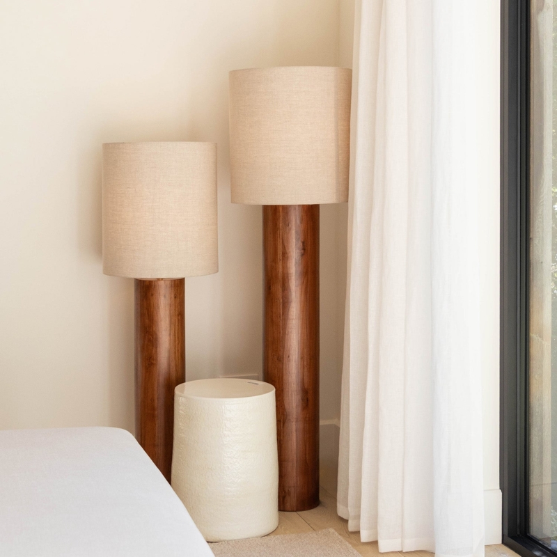 Floor Lamp Set Staggered Heights Thick Wood Columns Drum Shades