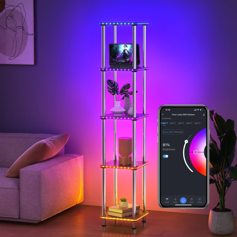 Floor Lamp Shelf with Smart App Control, RGB Multi-Color LED Strips, Silver