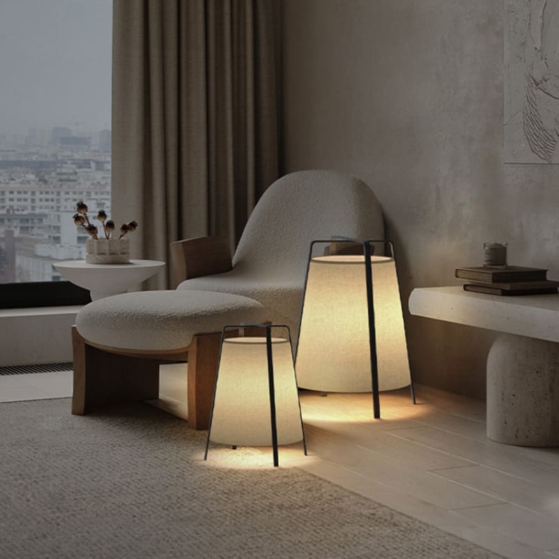 Floor Lamp Tapered Fabric Shade Matte Black Frame Minimalist Lantern