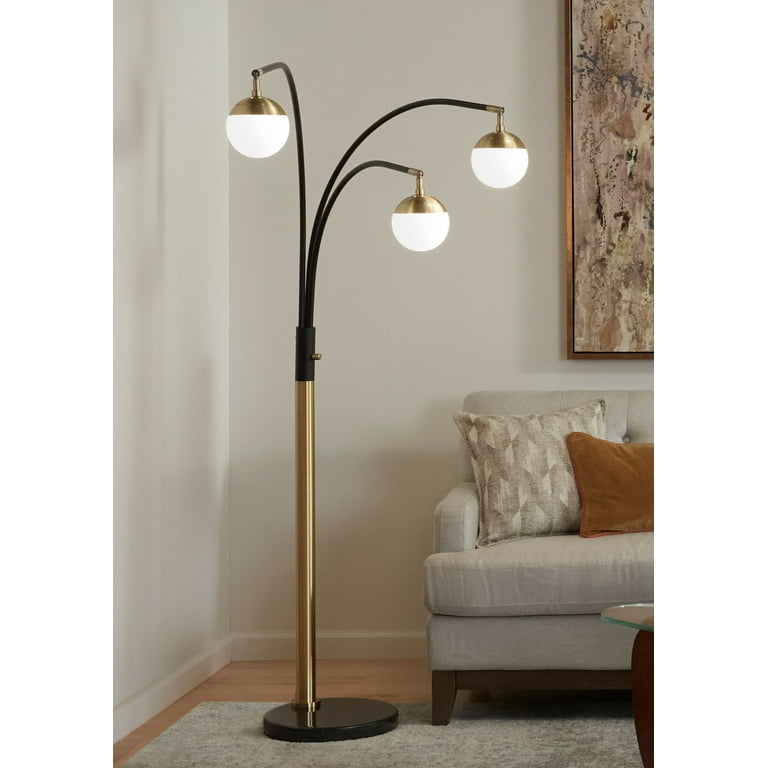 Floor Lamp Triple Arc Mixed Metal Black and Gold with Frosted Globes