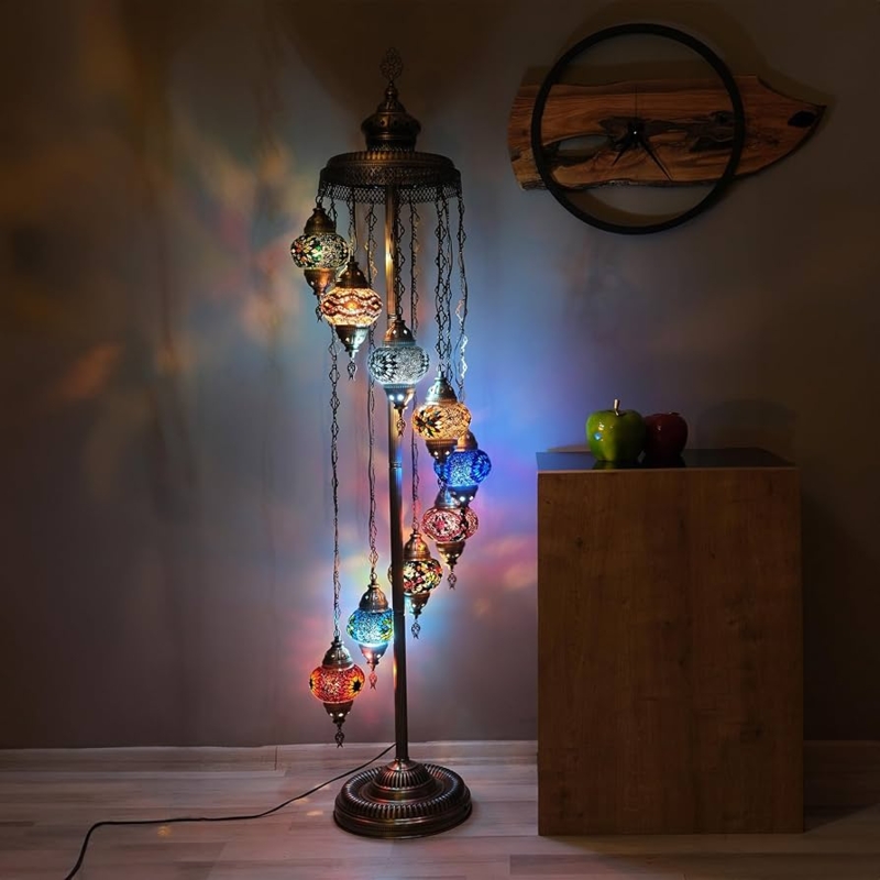 Floor Lamp Turkish Mosaic Glass Nine Globes in Spiral Arrangement