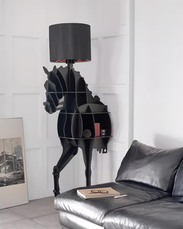 Floor Lamp with Integrated Shelving: Matte Black Horse Silhouette Base