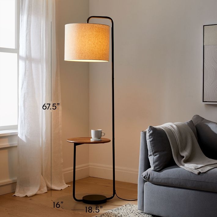 Floor Lamp with Side Table: Curved Neck, Industrial Minimalist Style