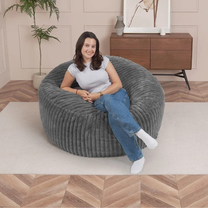 Floor Lounger: Charcoal Vertical Ribbing, Oversized Sunken Seat.