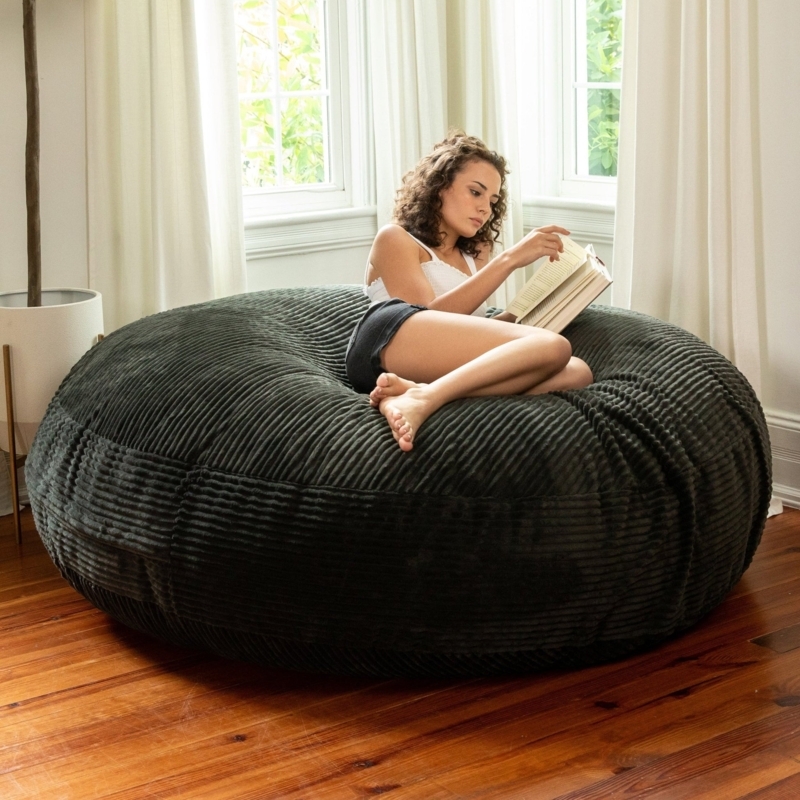 Floor Lounger: Midnight Blue Ribbed Corduroy, Oversized Cocoon Shape.