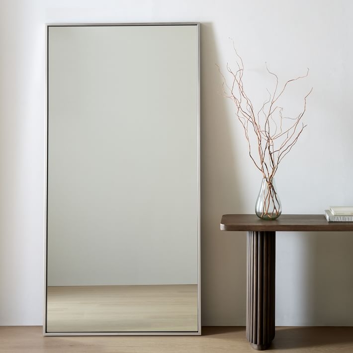 Floor Mirror Brushed Silver Thin Metal Frame Leaning Oversized Contemporary
