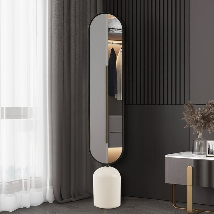 Floor Mirror Capsule Shape Pedestal Base Gold Accent Handle Modern