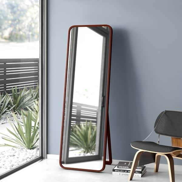 Floor Mirror Freestanding Walnut Stand Rounded Corners Capsule Shape