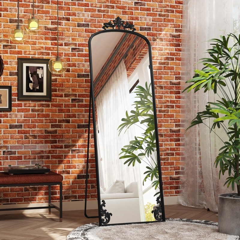 Floor Mirror Matte Finish Arched Ornate Scrollwork with Corner Accents