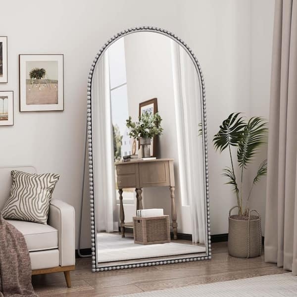 Floor Mirror Silver Finish Arched Beaded Frame Transitional Retro Glam