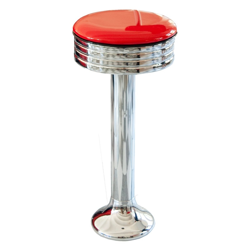 Floor Mounted Diner Bar Stool Red Vinyl Chrome Ribbed Apron