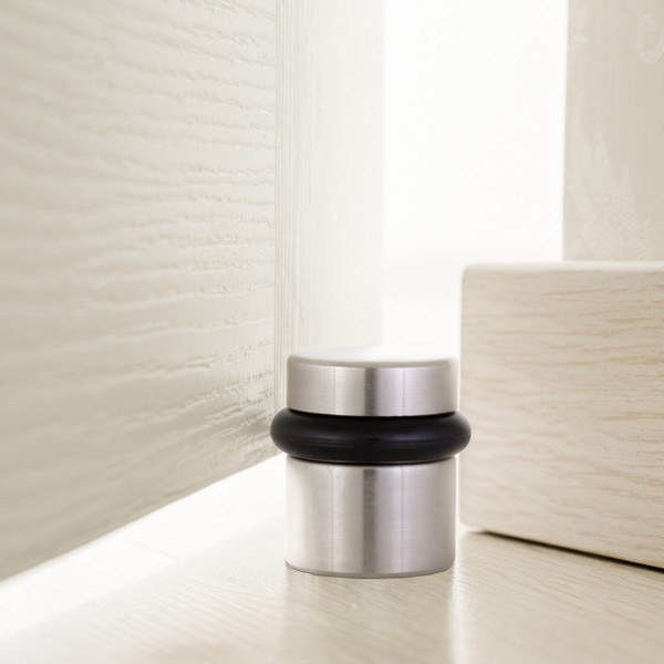 Floor Mounted Door Stop: Compact Cylindrical Satin Nickel, 2-Pack Set