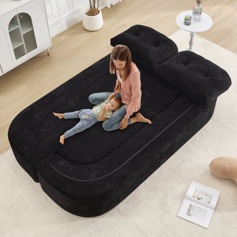 Floor Sofa Bed with Boneless Design and Tufted Backrests in Matte Black