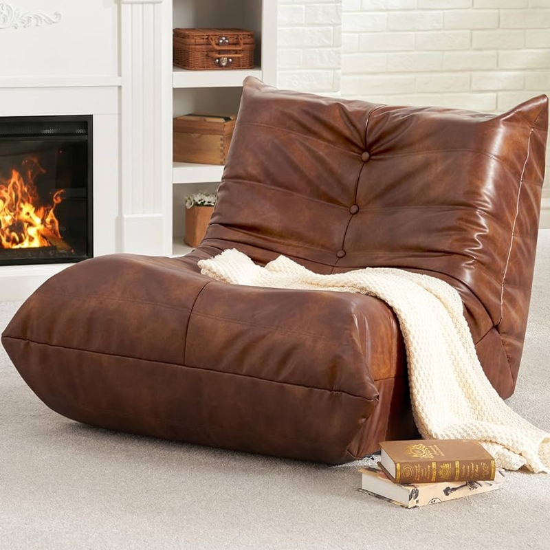 Floor Sofa Button Tufted Cognac Brown Leather Like