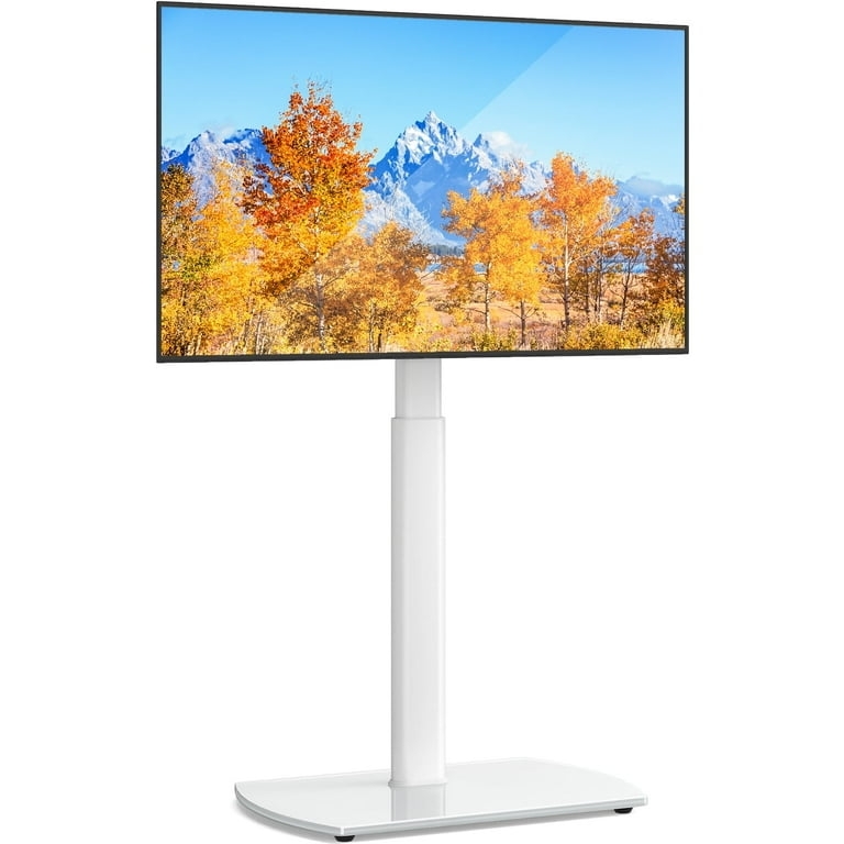 Floor TV Stand: Glass Base, Adjustable Height Column, Pure White Finish.