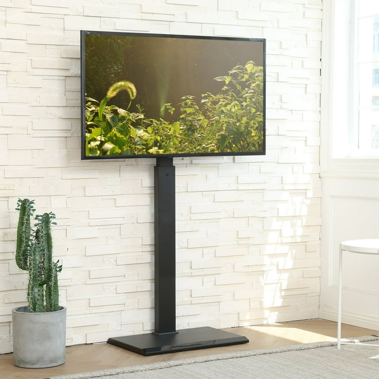 Floor TV Stand: Minimalist Neck Design, Swivel Mount, Rectangular Base.