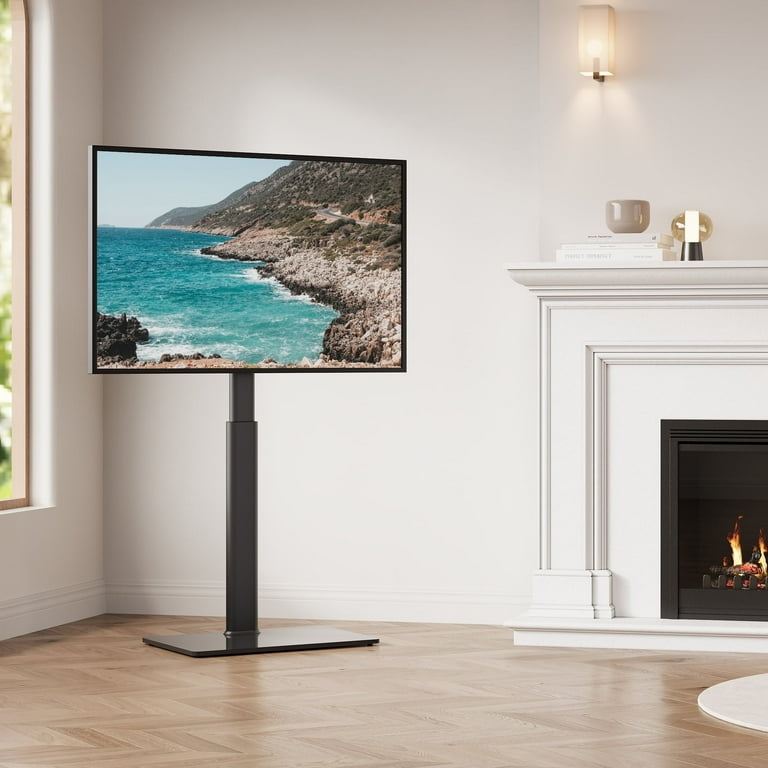 Floor TV Stand: Single Column Pedestal Base, Swivel Mount, Slim Profile.