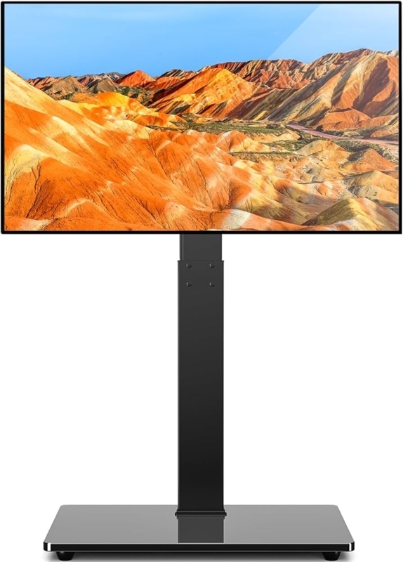 Floor TV Stand: Tempered Glass Base, Height Adjustable Slim Profile, Black.