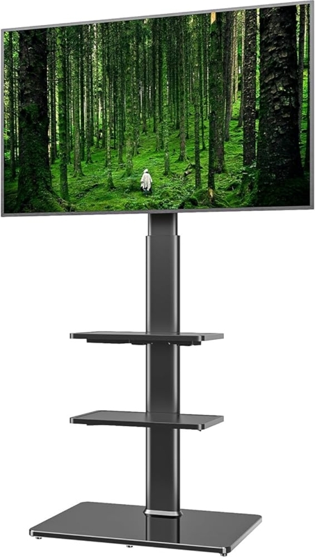 Floor TV Stand: Three Shelves, Swivel Mount, Black Glass, Modern Style.