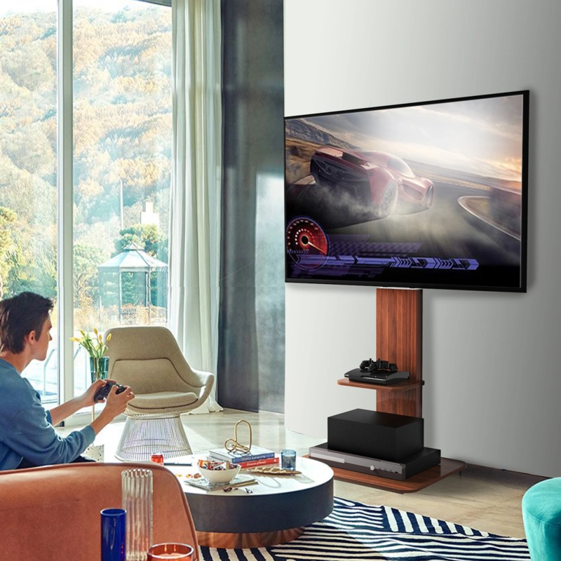 Floor TV Stand Walnut Brown Vertical Pillar Integrated Shelving Modern