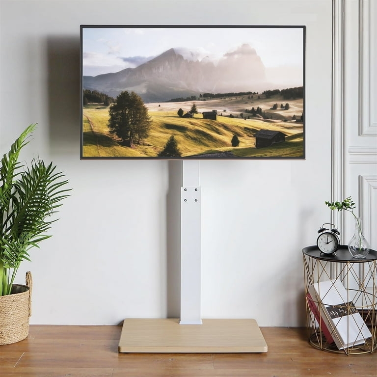 Floor TV Stand: Wood Toned Base, Crisp White Column, Swivel Mount.