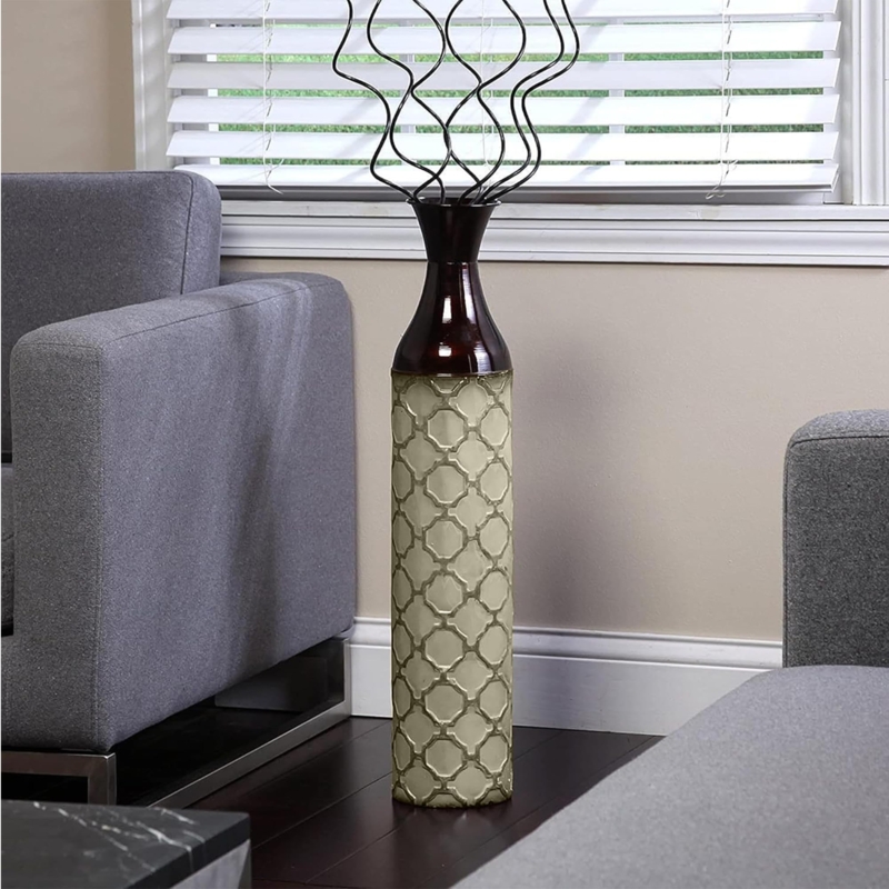 Floor Vase Moroccan Lattice Embossed Pattern Dark Brown and Cream