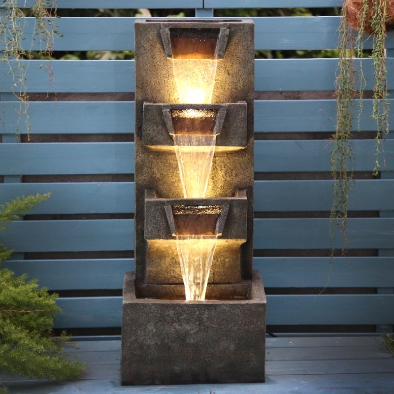 Floor Water Fountain with Glowing Water Tiers and Sheet Flow Waterfall