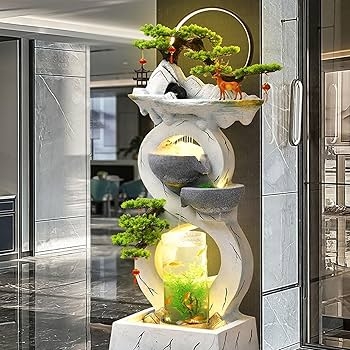 Floor Water Fountain with Integrated Aquarium and LED Backlit Zen Decor