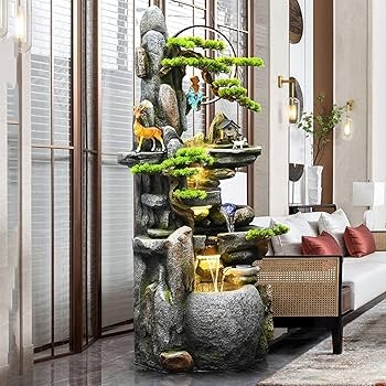 Floor Water Fountain with Tiered Stone Look and Bonsai Tree Elements